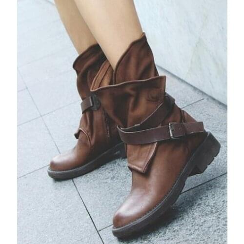 Chaussure Femme Western Winter Retro Ankle Cowboy Boots Leather Stockings Motorcycle Combat Biker Boots Buckle Strap Shoes Woman