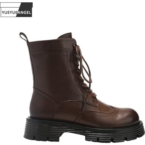 Fashion Women Winter Fleece Lining Warm Moto Biker Ankle Boots Round Toe Lace Up High Quality Leather Shoes Block Med Heel Boots