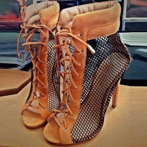 Hot selling sexy grid patchwork ankle boots open toe lace-up sandal boots summer high heel boots for woman gladiator boots