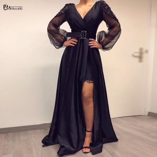 Abendkleider Elegant A-Line V-Neck Evening Gowns Long Satin High Low Black Prom Dresses With Sleeves Lace Robe De Soirée Femme