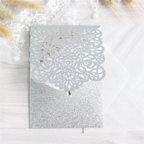 Glitter silver invitation card holder for wedding valentines days luxury rose laser design with diamond decorated