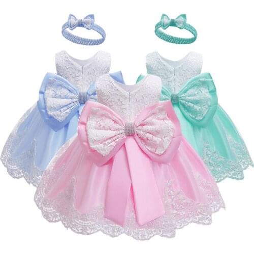 Baby Dress Bowknot Flower Dresses Lace Pageant Party Wedding Girls Clothes Costume Flower Girl Tutu Gown with Headwear