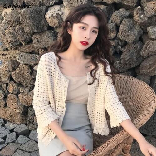 Cardigans Women Solid Open Stitch Ladies Outerwear Ulzzang Loose New Hollow Out Sun-protection Lady All-match Knitted Female Ins