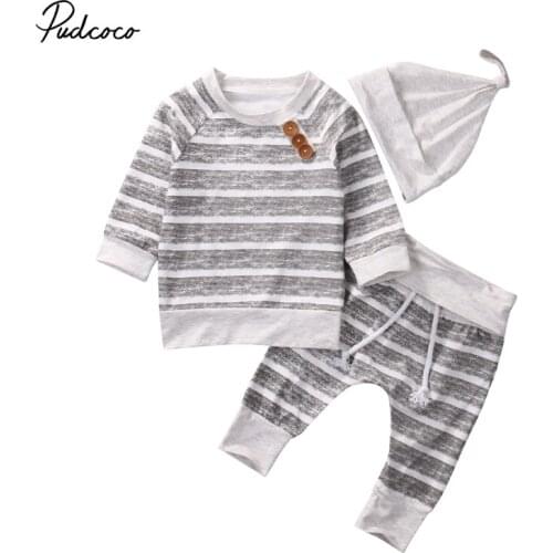 3Pcs Toddler Baby Girls long sleeve o-neck striped Tops +legging Pants + Hat Set Kids Newborn cotton Outfits 0-18M