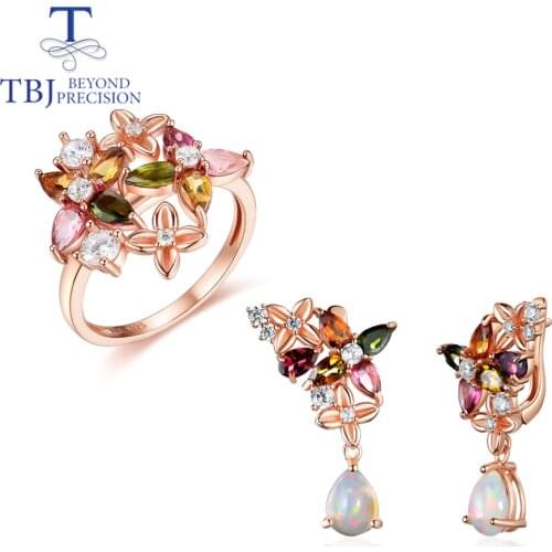 TBJ,2021New Colorful gemstone Jewelry set natural Ethiopia opal brazil fancy color tourmaline earring ring 925 sterling silver