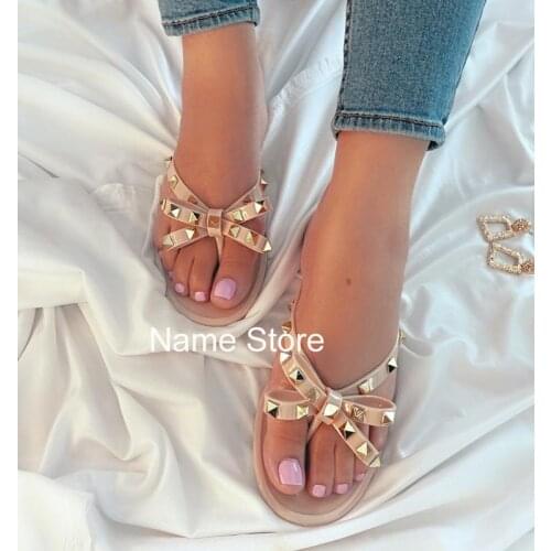 Summer Rivet Beach Sandals Bowknot Women Flat Slippers Flip Flops Outdoor Casual Womens Shoes Plus Size