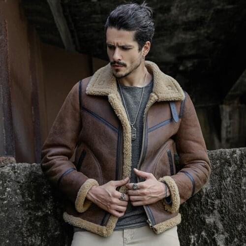 Mens Natural Shearling Sheepskin Jacket B3 Flight Jacket Short Classical Jacket Aviator Brown Coat