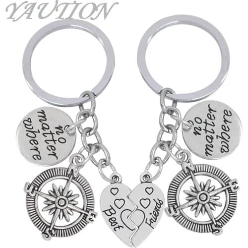 2pcs BBF Best Friends Key Chain Ring Set No Matter Where Compass Split Broken Ring Holder Souvenir For Gift
