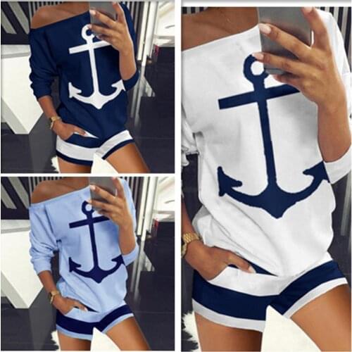 2021 new European and American womens T-shirt shorts suit navy anchor printing two-piece suit