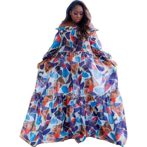 African Long Maxi Dress Womens Slash Neck Off The Shoulder Backless Daily Evening Party Dress African Pleated Dresses For Women