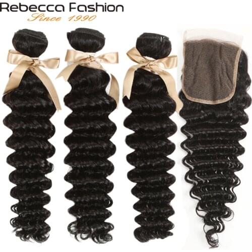 Rebecca Remy Loose Deep Wave Brazilian Human Hair 3 Bundles With Closure 4x4 Brazilian Loose Deep Wave With Lace Closure