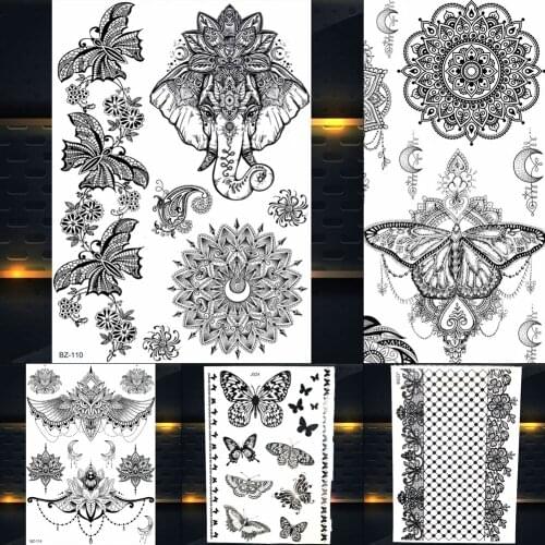 REJASKI Ganesha Elephant Butterfly Henna Temporary Tattoos For Women Sticker Custom Tatoos Mehndi Lace Black Tattoo Body Art