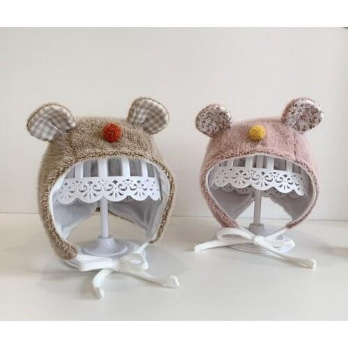 Cartoon Bear Ear Protection Baby Hat Autumn Winter Warm Pompom Plush Infant Toddler Beanies Solid Color Newborn Girl Boy Bonnet