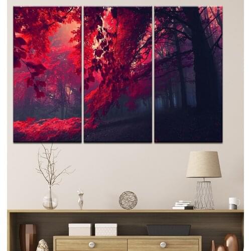 Modern Home Wall Art Decoration Framework Pictures 3 Pieces Red Maple Woods Natural Scenery HD Printed Painting On Canvas Poster