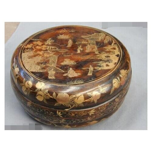 Xd 003369 China old Wood Lacquer ware Outline in gold Landscape Ladies Pattern Case Box