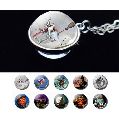Halloween Jewelry Gift Double Sided Glass Ball Necklace Pumpkin Pendant Tiny Cat Hat Witch Pumpkin Head Necklaces