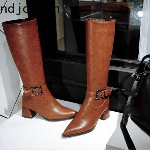 Womens Boots New Autumn And Winter Pointed fashion zipper belt buckle mid heel High tube Womens shoes plus size 32-48 6cm high