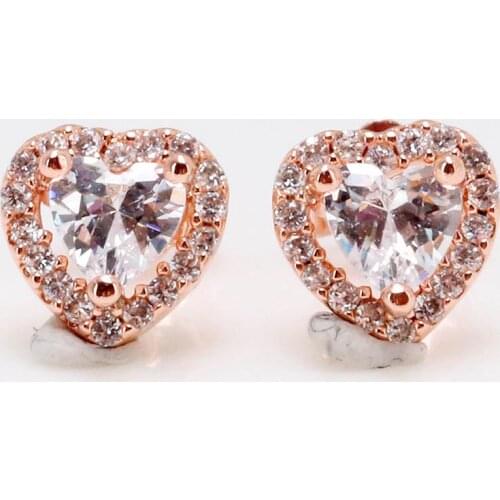Original Rose Sparkling Elevated Heart Earring With Crystal For Women 925 Sterling Silver Earring Gift Fine Pandora Jewelry