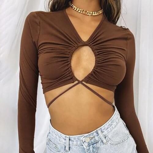 2021 Fashion Sexy Drawstring Ruched Women T-shirt Long Sleeve V Neck Bandage Crop Top Hollow Out Tie Up Short Tee Streetwear