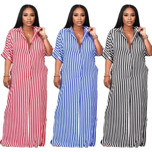 Loose Striped Shirt Long Woman Dress Three Quarter Sleeves Floor Length Turn Down Callar Single Breasted Wholesale Dropshipping