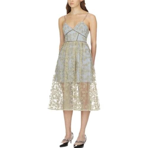 2021 New Arrive Women Summer Dress Gold Thread Mesh Embroidery Sexy Strap Party Dresses Vestidos