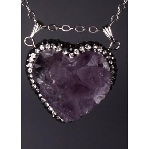 1PCS 30*30mm Heart Real Amethysts Natural Cryastal Quartz Stone Necklace Female Jewelry Charm Findings Healthy Pendant Necklaces