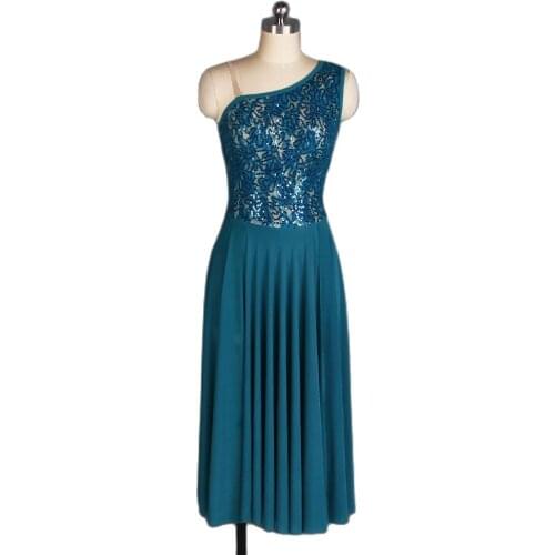 One Shoulder Greem Sequin Lace Bodice With Long Black Mech Dress For Adult Ballet/Contemporary/Lyrica Dance Costume 17313
