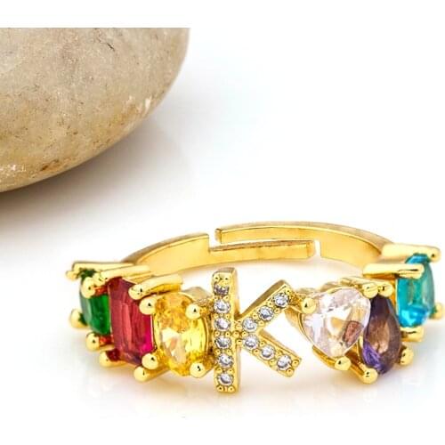 26pcs/lot Hot Sale Adjustable A-Z Initial Ring Bohemian Copper Zircon Rainbow Letter Rings for Women Girls Party Wedding Jewelry