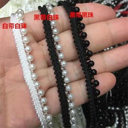 2Yds 8mm wide beautiful white/black pearls handmade bead lace trim diy pearl lace clothing collar decorative accessories A1179