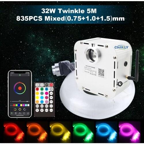 32W RGBW 4-speed Twinkle LED Fiber Optic Light APP Bluetooth Music RF Remote 5 Meters 835 strands Mixed-size Cable Star Ceiling