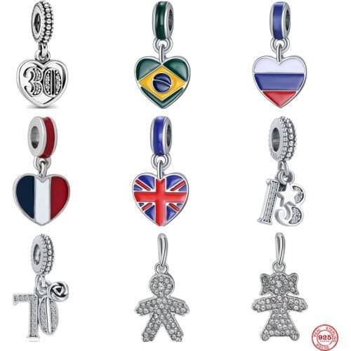Free Shipping European France UK Brazil Russian Flag Pendant Bead Fit Original Pandora Charms Silver 925 Bracelet Women Jewelry