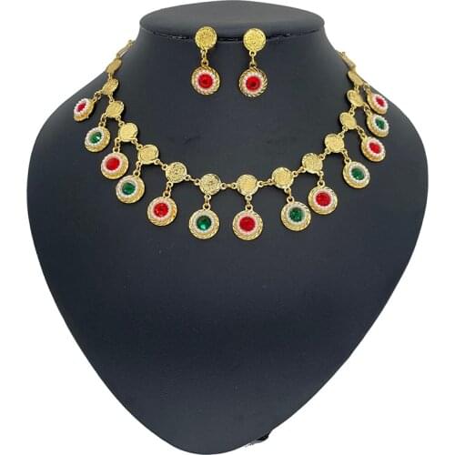 Dubai Jewelry Set African Gold Colorful Stone Earring Necklace Women Wedding African Nigeria Ethiopian Kenya Jewelry