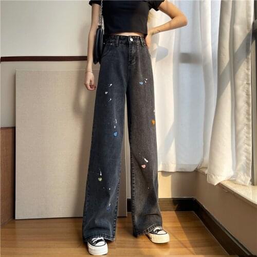 Washed Loose All-match Straight Wide Leg Pants Pants 2021 Retro Flower Embroidery Elastic High Waist Jeans Mujer Women Trousers