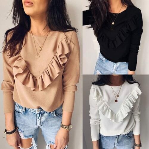 Elegant Type V Ruffles Patchwork Loose Women Chiffon Blouses Autumn O Neck Long Sleeve Shirt Female Casual Top White Black Khaki