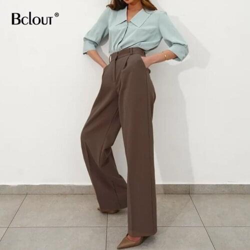 Bclout Elegant Office Ladies Brown Straight Pants High Waist Fashion Trousers For Women Autumn Casual Work Solid Long Pants 2021