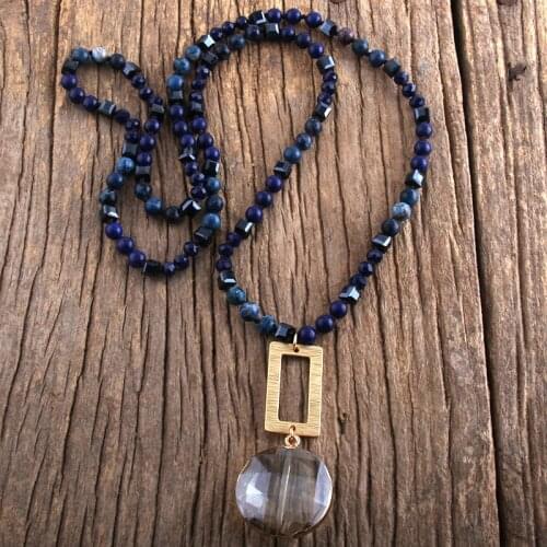 MD Fashion Bohemian Jewelry Natural Stones Glass With Mattgold Rectangle Links Crystal Pendant Necklaces For Women Boho Gift