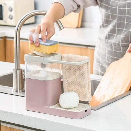 Multifunction Soap Pump Dispenser with Drain Sponge Holder Container Manual Press Soap Organizer Kitchen Storage Rack