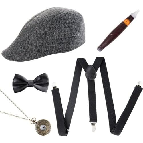 Mens 1920s Gangster Hat Braces Tie Cigar Gatsby Costume Accessories 5pcs/Set