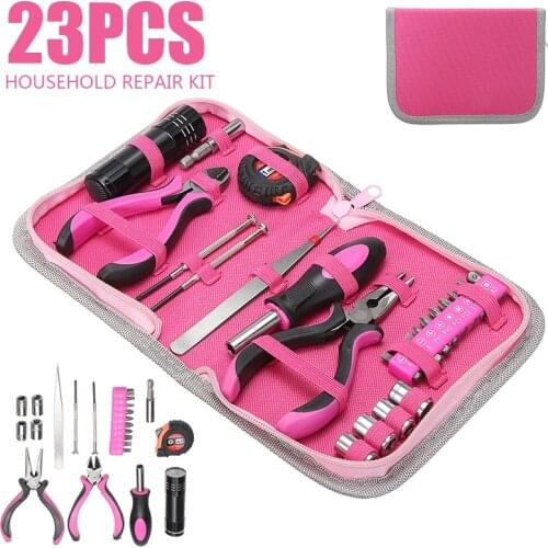 23pcs Female Pliers Screwdriver Household Pink Multi-function Hand Repairing Tool Kit DIY Plier Screw Tape Measure Home Tool