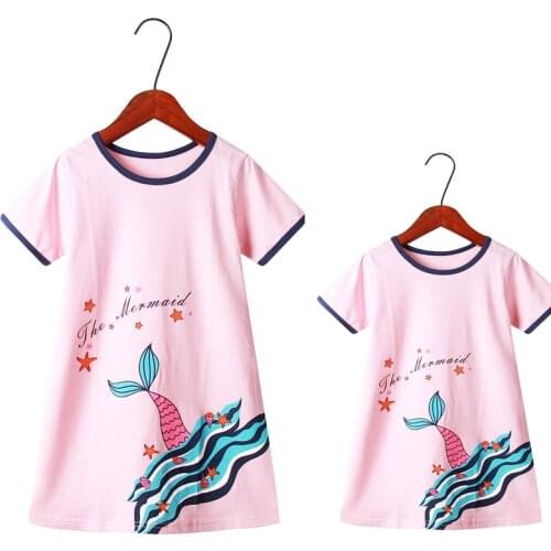 Mother and Daughter Matching Clothes Family Pajamas Sets Big Girls Cartoon 100% Pure Cotton Print Outfit Short Sleeve Nightgowns