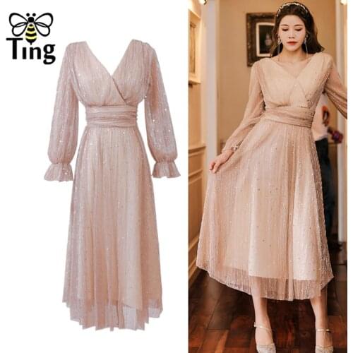 Tingfly Vintage Sweet Girl High Waist Luxury Glitter A Line Dress Summer Party Dinner Dresses Retro Casual Street Shiny Dress