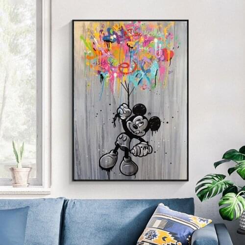 Disney Anime Poster Street Art Canvas Painting Print Wall Art Mickey Mouse with Colors Balloon Picture Kid Room Decoration