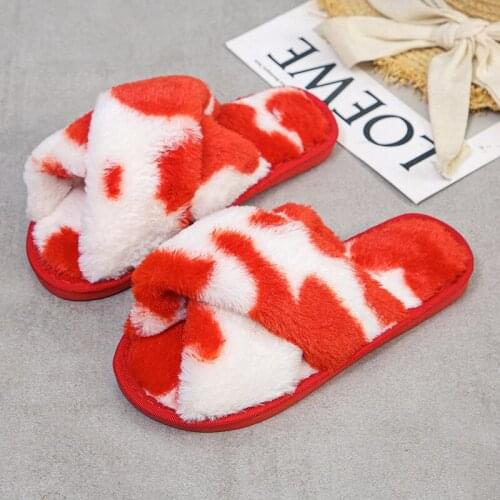 Multi-color Women Fluffy Slipper Winter Cross-tie Plush Slippers Flat Shoes Warm Faux Fur Slipper Home Ladies Shoes