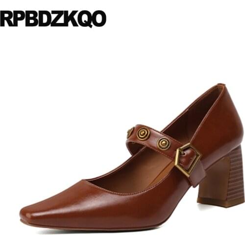 Belts Stud Mary Janes Women Shoes Strap Plus Size 10 42 Block Metal Pointed Toe 11 43 Pumps Wooden Brown Retro Rivet High Heels