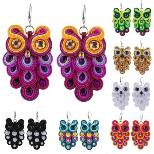 Owl pendant earrings boho fashion jewelry colourful Soutache Handmade earring for women weaving Bird Accessories Beautiful gift