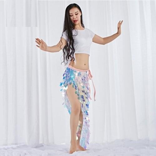 New Women Dance Wear Spandex Stretchy Clothes Multicolor Squama Over-Skirt Sequins Hip Scarf Belly Dance Costume Set 2pcs