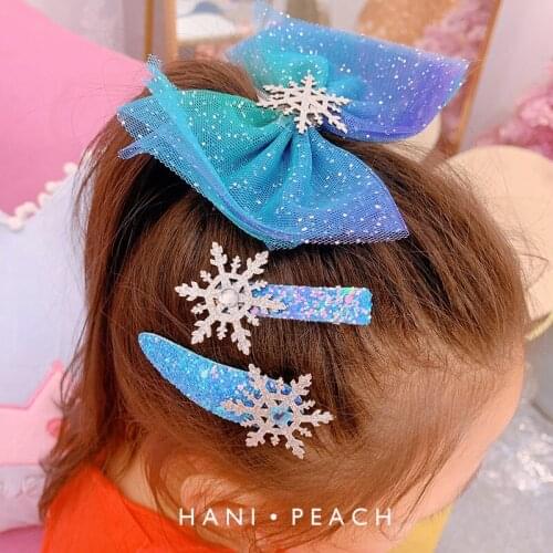Blue Starry Mesh Little Girls Hair Accessories Snowflake Bows Flower Girls Headwear Child Party Jewelry