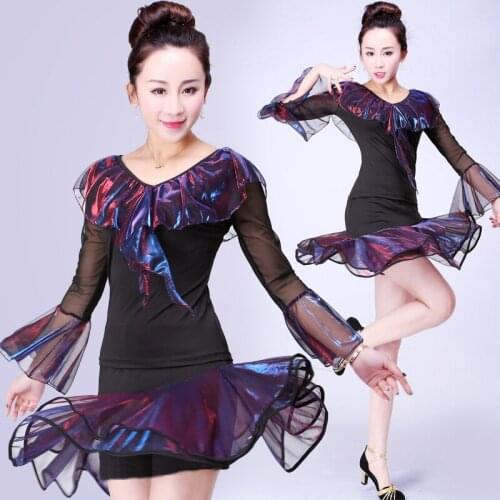Spring and summer new adult Latin dance horns sleeves shirt square national standard just dance dress skirt TB7178