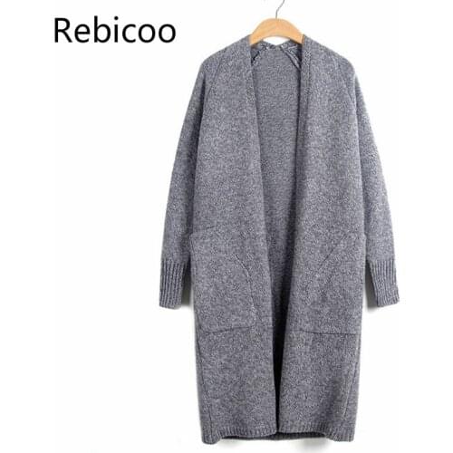 Knitted Cardigan Women Long Gray Khaki V Neck Bat Sleeve Loose Sweater Ladies Autumn Winter Cardigans Jersey Mujer
