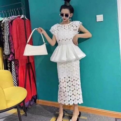 Womens Summer New Fashion European Ladies Lotus Leaf Top + A-Line Skirt Three-Piece Sets Lace Hollow Suits